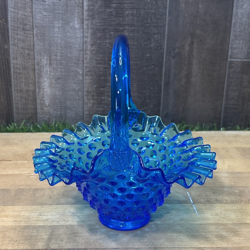 Vintage Fenton Colonial Blue Hobnail Glass Basket Ruffled